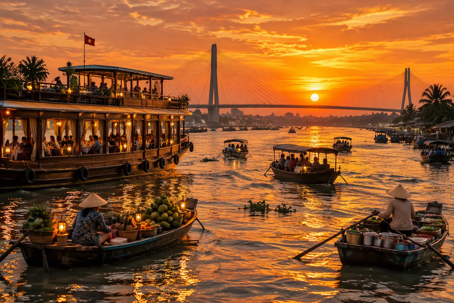 Hoàng hôn trên sông Hậu, dưới chân Cầu Cần Thơ